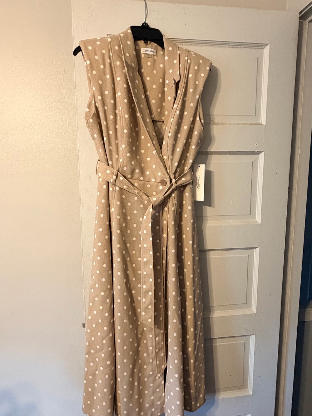 Calvin Klein Taupe Polka Dot Wrap Maxi Dress with Belt